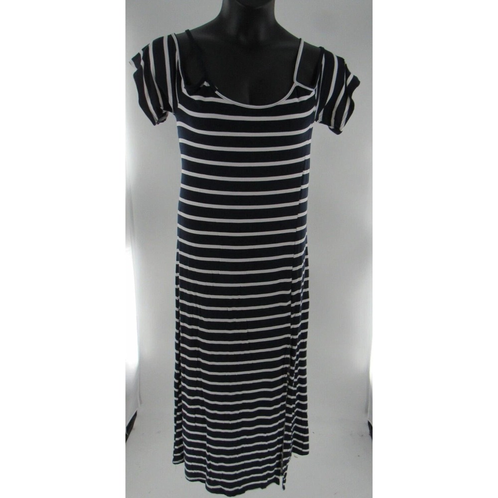 Blue White Stripe Maxi Dress Cold Shoulder Short Sleeve Women's Size: Large NEW
